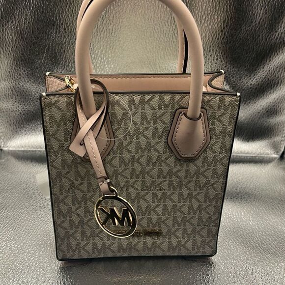 Michael Kors Mercer Crossbody Shopper Mini Bag Pink Beige Signature MK Print - Picture 1 of 10